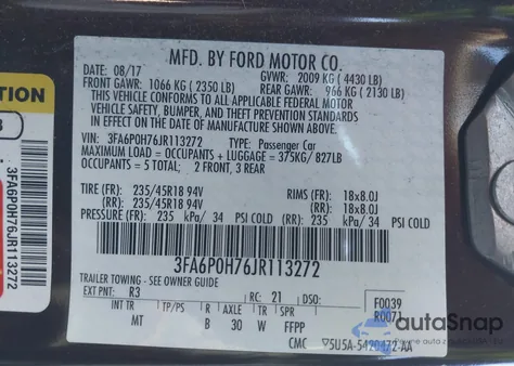 2018 Ford Fusion Se z USA, uszkodzony, nr VIN 3FA6P0H76JR113272
